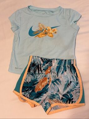 Matching Set - Nike Light Blue Tee with Teal & Orange Tropical Shorts - Baby 24m